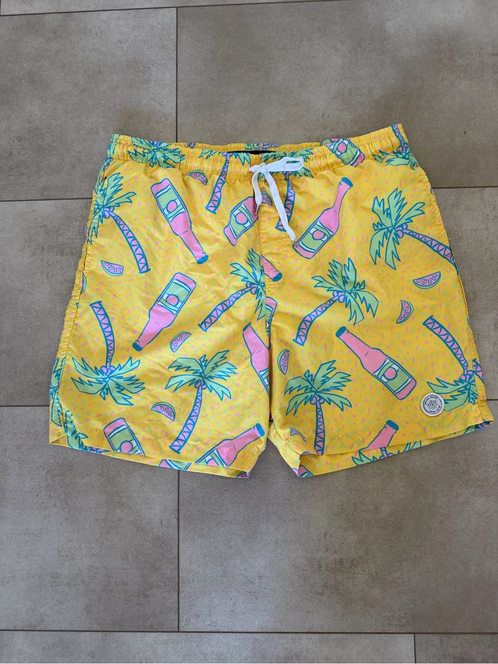 Brooklyn Cloth Men's Yellow Tropical Palm & Bottle Swim Trunks